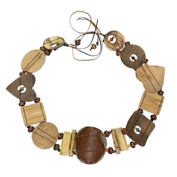 HANDPAINTED Leather, Coconut, Wood and Beaded Tie Belt